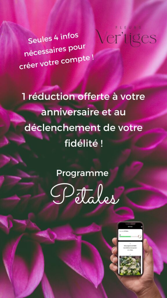 Image d'une fleur en fond avec texte informatif sur le programme de fidélité du magasin